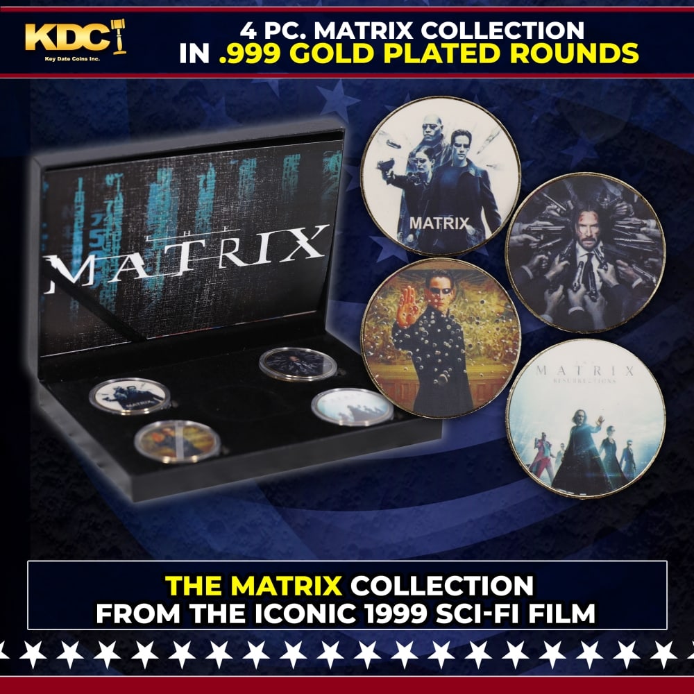 4 Coin Matrix Gold Plated Round Collection: 4 Coin Matrix Gold Plated Round Collection. Please Note All Backer Cards may have slight differences but will be very similar if not identical to the one in the photo