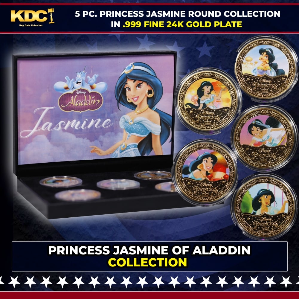 5 Coin Aladdin Princess Jasmine Gold Plated Round Collection In Custom Box W/ Special Backer card: 5 Coin Aladdin Princess Jasmine Gold Plated Round Collection In Custom Box W/ Special Backer card. Please Note All Backer Cards may have slight differences but will be very similar if not identical