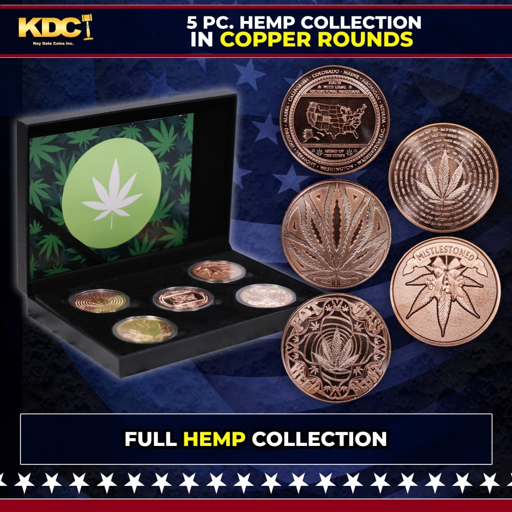 5 Copper Coin Weed/Hemp Set 5oz Of Copper: 5 Copper Coin Weed/Hemp Set 5oz Of Copper. Please Note All Backer Cards may have slight differences but will be very similar if not identical to the one in the photo