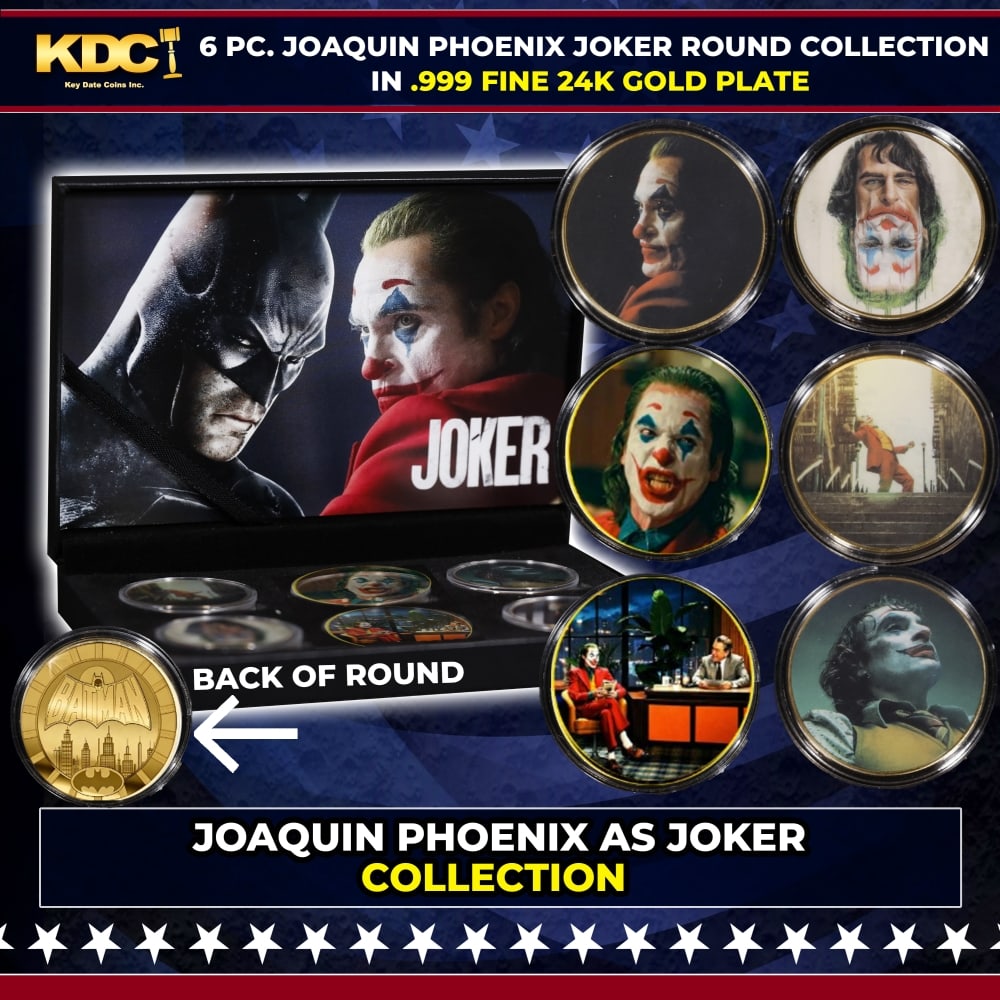 6 PC. Joaquine Phoenix As The JOKER Gold Plated Round Collection In Custom Box W/ Special Backer ...: 6 PC. Joaquine Phoenix As The JOKER Gold Plated Round Collection In Custom Box W/ Special Backer card. Please Note All Backer Cards may have slight differences but will be very similar if not
