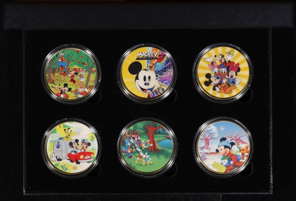 6 PC. Mickey Mouse & Friends Gold Plated Round Collection In Custom Box W/ Special Backer card - 2