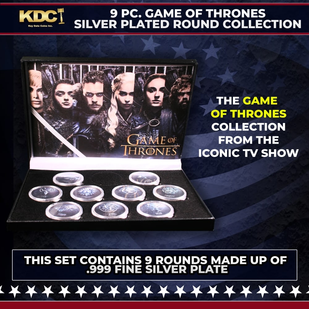 9 Coin Game of Thrones Silver Plated Round Collection: 9 Coin Game of Thrones Silver Plated Round Collection. Please Note All Backer Cards may have slight differences but will be very similar if not identical to the one in the photo