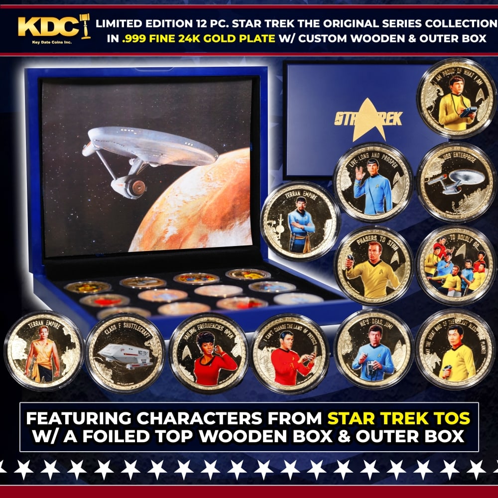 Limited Edition 12 Coin Star Trek The Original Series A Gold Plated Collection In Custom WOODEN Box: Limited Edition 12 Coin Star Trek The Original Series A Gold Plated Collection In Custom WOODEN Box W/ Special Backer card. Please Note All Backer Cards may have slight differences but will be very