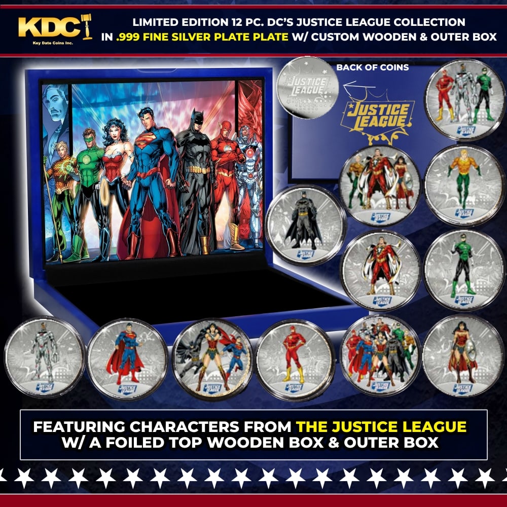 Limited Edition 12 PC DC's Justice League Silver Plated Collection In Custom WOODEN Box W/ Specia...: Limited Edition 12 PC DC's Justice League Silver Plated Collection In Custom WOODEN Box W/ Special Backer card. Please Note All Backer Cards may have slight differences but will be very similar if