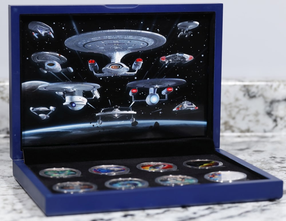 Limited Edition 8 Coin Star Trek Ships Silver Plated Collection In Custom WOODEN Box W/ Special B... - 2