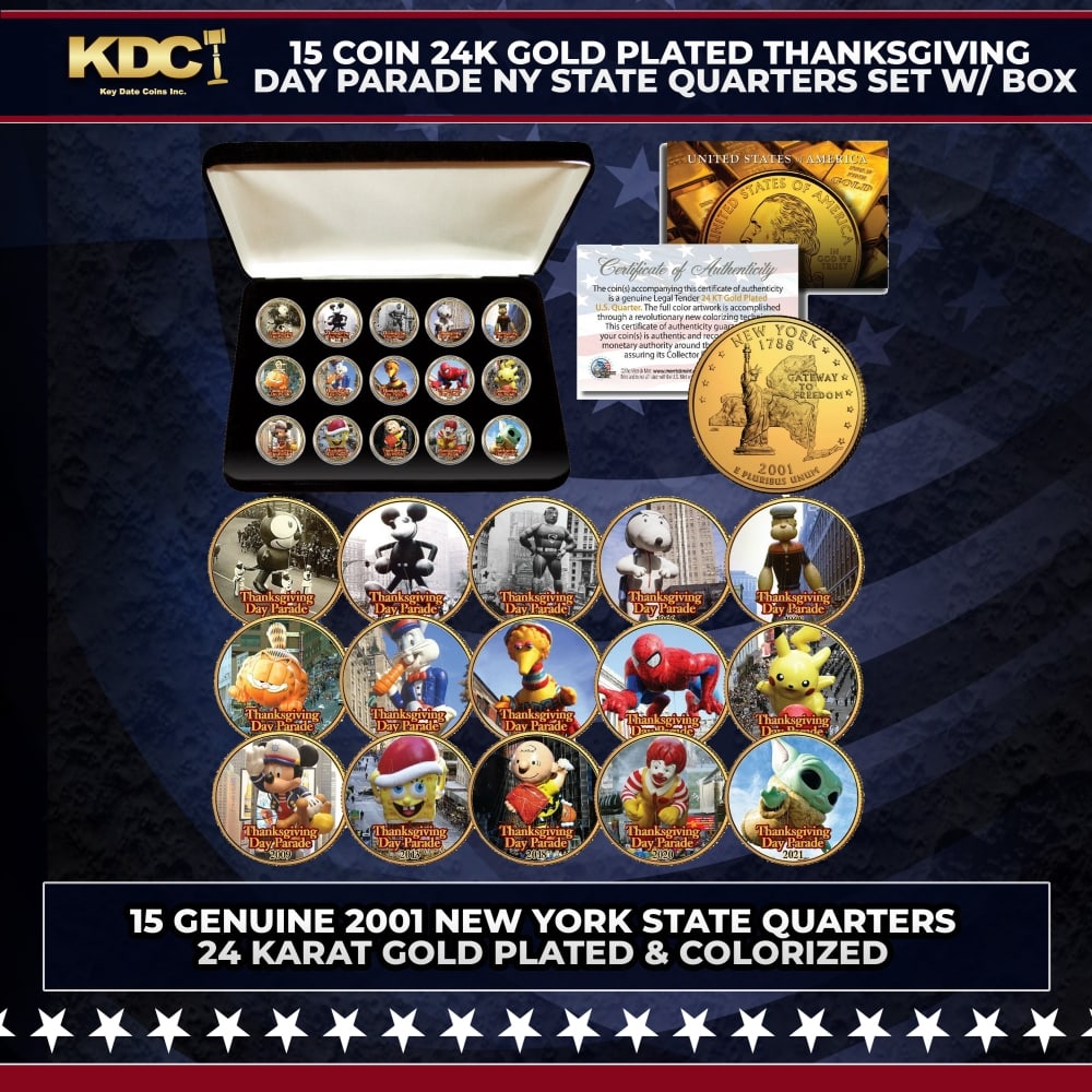 15 Coin 24K Gold Plated Thanksgiving Day Parade NY State Quarters Set w/ Box Other Toy (1 of 2)