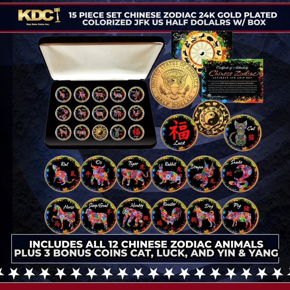 15 Piece Set Chinese Zodiac 24k Gold Colorized JFK US Half Dolalrs w/ Box Other Toy: 15 Piece Set Chinese Zodiac 24k Gold Colorized JFK US Half Dolalrs w/ Box. Introducing this exquisite collection of Chinese Zodiac POLY-CHROME JFK Half Dollars, elegantly gilded in genuine 24 Karat
