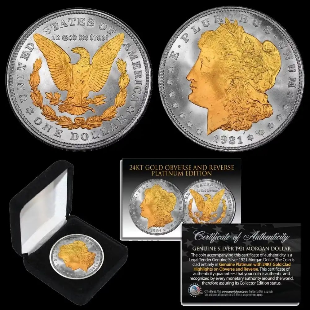 1921 Morgan Dollar $1 Platinum & 24K Gold Plated Highlights w/ Box Other Toy - 2