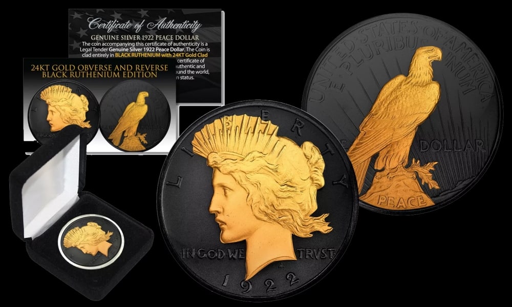 1922-1925 Black Ruthenium & 24KT Gold Gilded Genuine AU Peace Silver $1 w/ Box Other Toy - 2