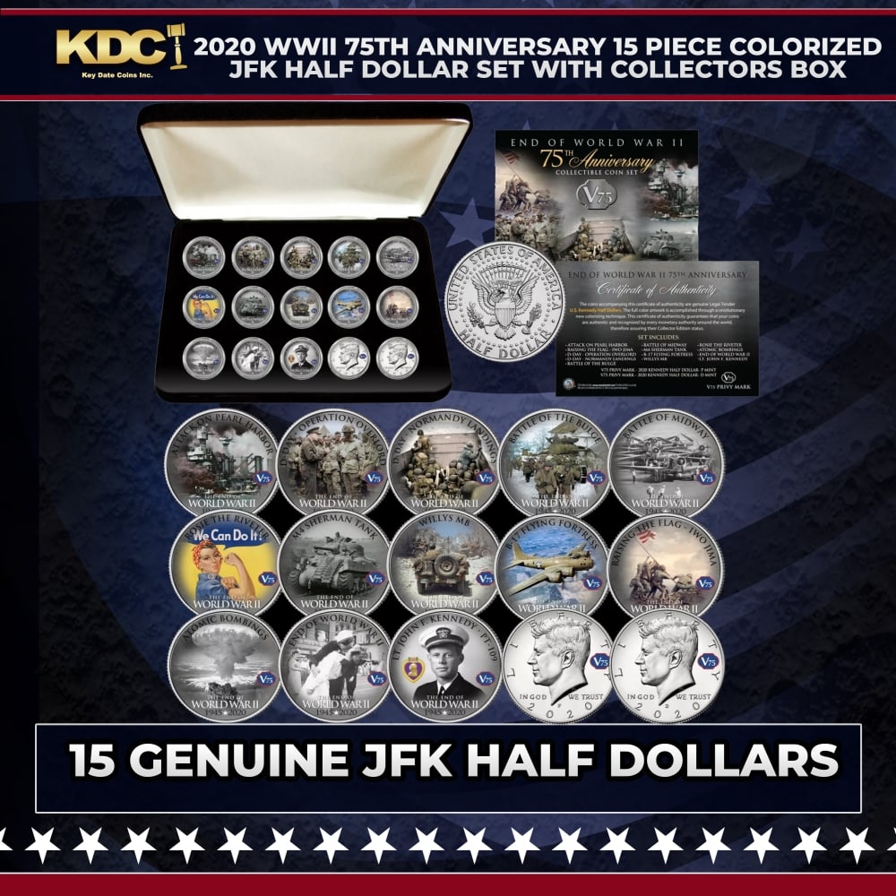 2020 WWII 75th Anniversary 15 Piece Colorized JFK Half Dollar Set with Collectors Box Other Toy: 2020 WWII 75th Anniversary 15 Piece Colorized JFK Half Dollar Set with Collectors Box. Don't miss out on the opportunity to add a stunning 15-coin JFK Kennedy Half Dollar 75th WWII Anniversary Set to