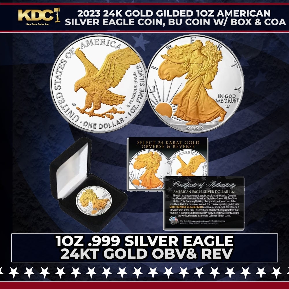 2023 24K Gold Gilded 1oz American Silver Eagle Coin, BU Coin w/ Box & COA Other Toy: 2023 24K Gold Gilded 1oz American Silver Eagle Coin, BU Coin w/ Box & COA. Seize this opportunity to acquire this Gold Gilded 2023 American Silver Eagle Dollar U.S. Coin. To enhance the original