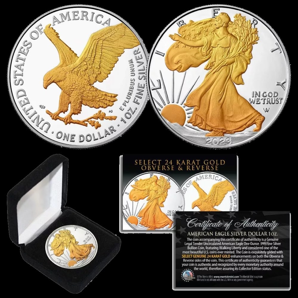 2023 24K Gold Gilded 1oz American Silver Eagle Coin, BU Coin w/ Box & COA Other Toy - 2