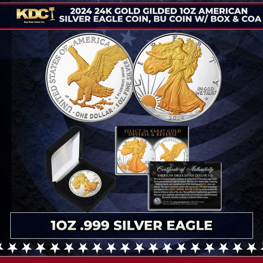 2024 24K Gold Gilded 1oz American Silver Eagle Coin, BU Coin w/ Box & COA Other Toy: 2024 24K Gold Gilded 1oz American Silver Eagle Coin, BU Coin w/ Box & COA. Seize this opportunity to acquire this Gold Gilded 2024 American Silver Eagle Dollar U.S. Coin. To enhance the original