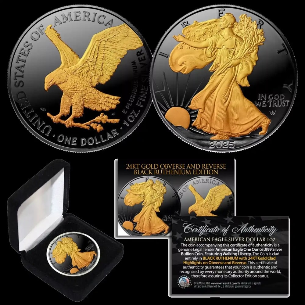 2025 Black Ruthenium & 24K Gold Gilded 1oz American Silver Eagle Coin, BU Coin w/ Box & COA Other... - 2