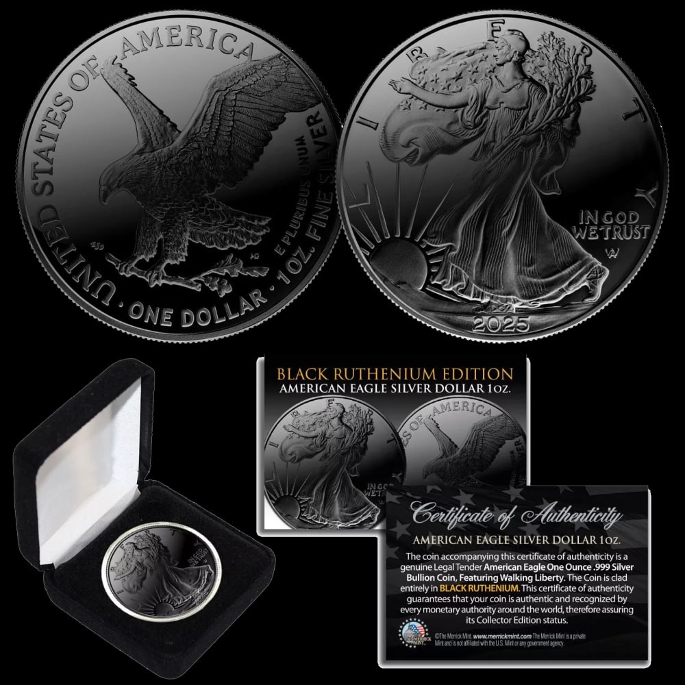 2025 Black Ruthenium Clad 1oz American Silver Eagle Coin, BU Coin w/ Box & COA Other Toy - 2
