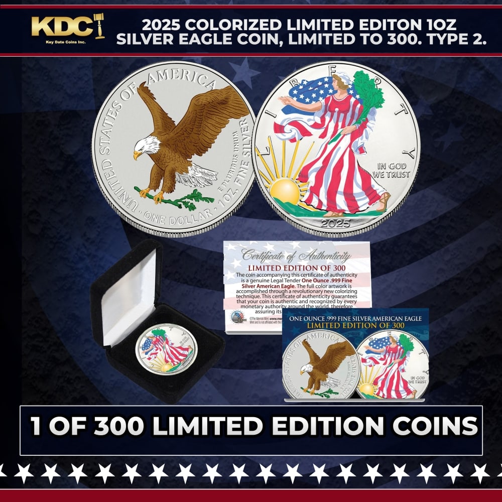 2025 Colorized Limited Editon 1oz Silver Eagle Coin, Limited to 300. Type 2. Other Toy: 2025 Colorized Limited Editon 1oz Silver Eagle Coin, Limited to 300. Type 2.. This stunning 2025 1 oz Silver American Eagle features a vibrant colorized background on the obverse and a fully