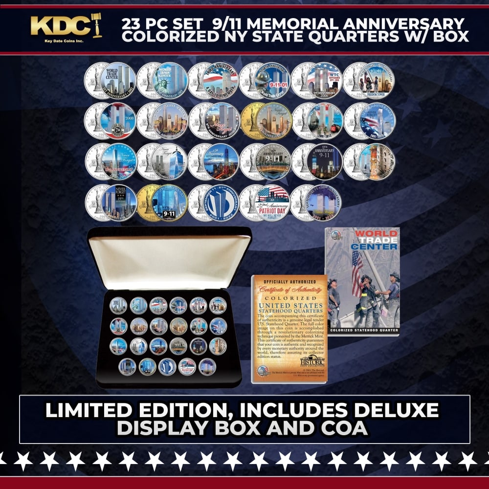 23 Pc Set 9/11 Memorial Anniversary Colorized NY State Quarters w/ BOX Other Toy: 23 Pc Set 9/11 Memorial Anniversary Colorized NY State Quarters w/ BOX. This 23 Coin Set of beautifully Colorized NY state quarters commemorates the 23 anniversaries of the 9/11 tragedy at the World