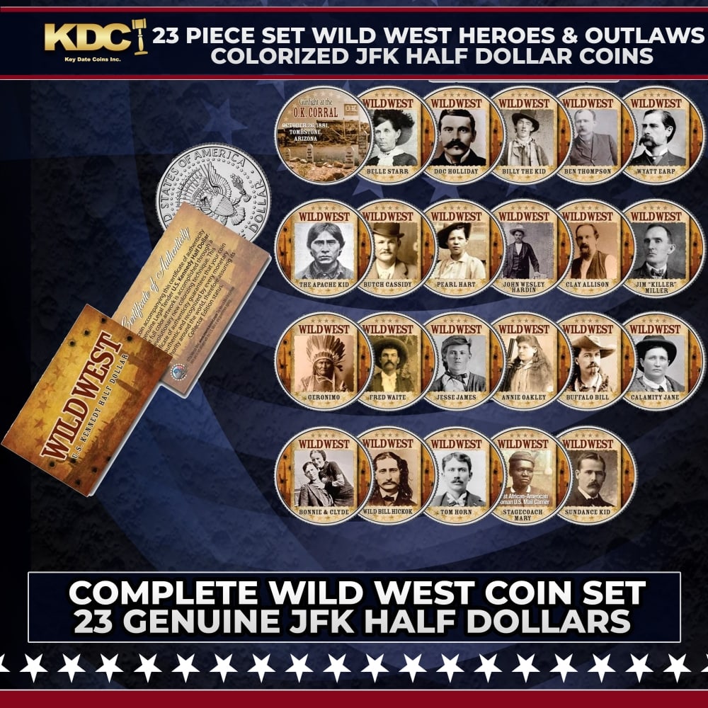 23 Piece Set Wild West Heroes & Outlaws Colorized JFK Half Dollar Coins Other Toy: 23 Piece Set Wild West Heroes & Outlaws Colorized JFK Half Dollar Coins. This collection represents the most extensive assortment of Old West themed coins ever put together, showcasing the most