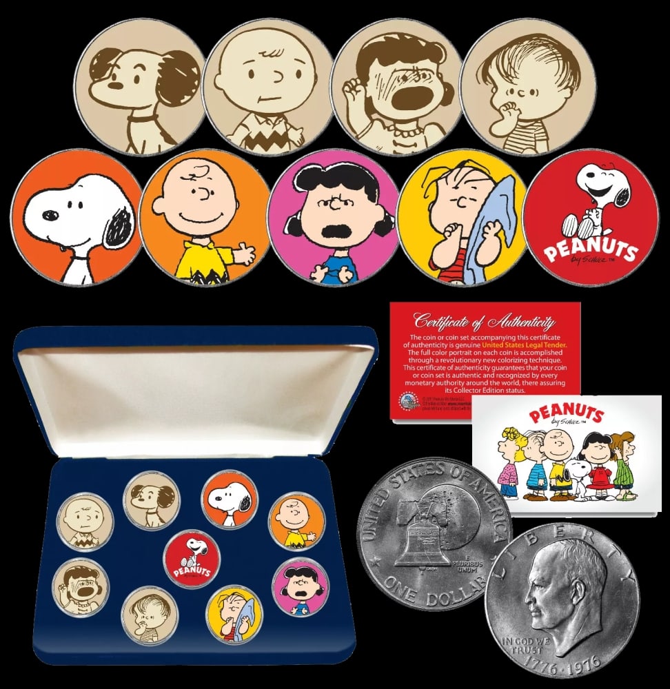 9 Coin Peanuts Charlie Brown, Snoopy 1976 "Then & Now" Eisenhower $1 Set w/ Display Box Other Toy - 2