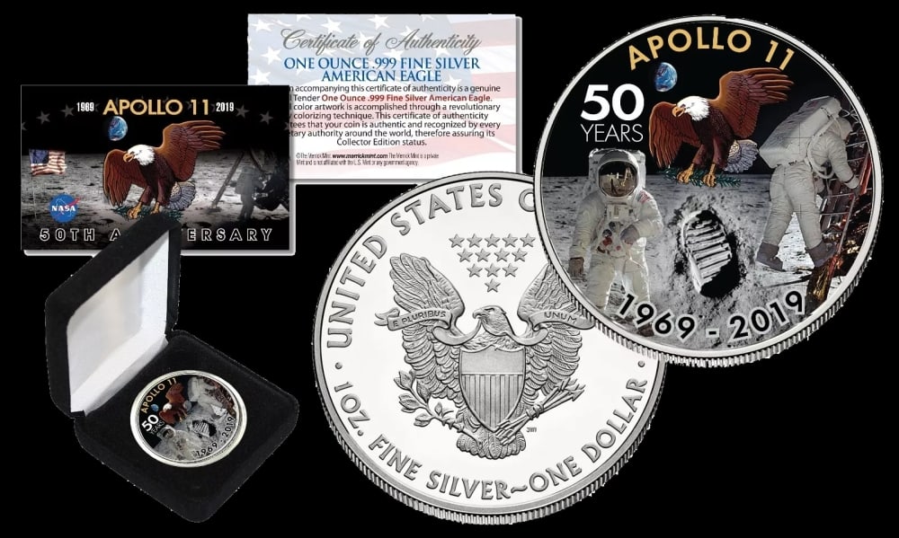 Apollo 11 50th Anniversary Colorized 1oz .999 Fine Silver Eagle $1 w/ Display Box & COA Other Toy - 2