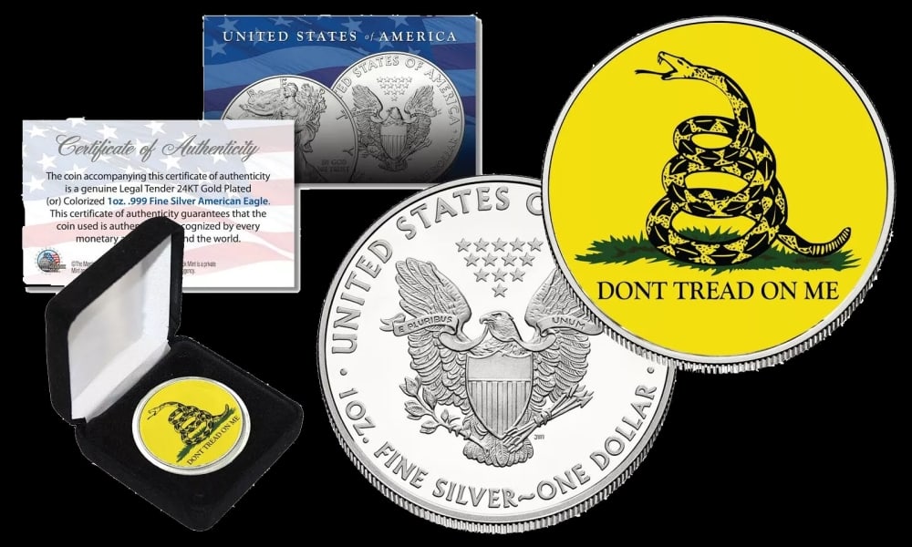 Don't Tread On Me Gadsden Flag Colorized 1oz .999 Fine Silver Eagle $1 w/ Display Box & COA Other... - 2