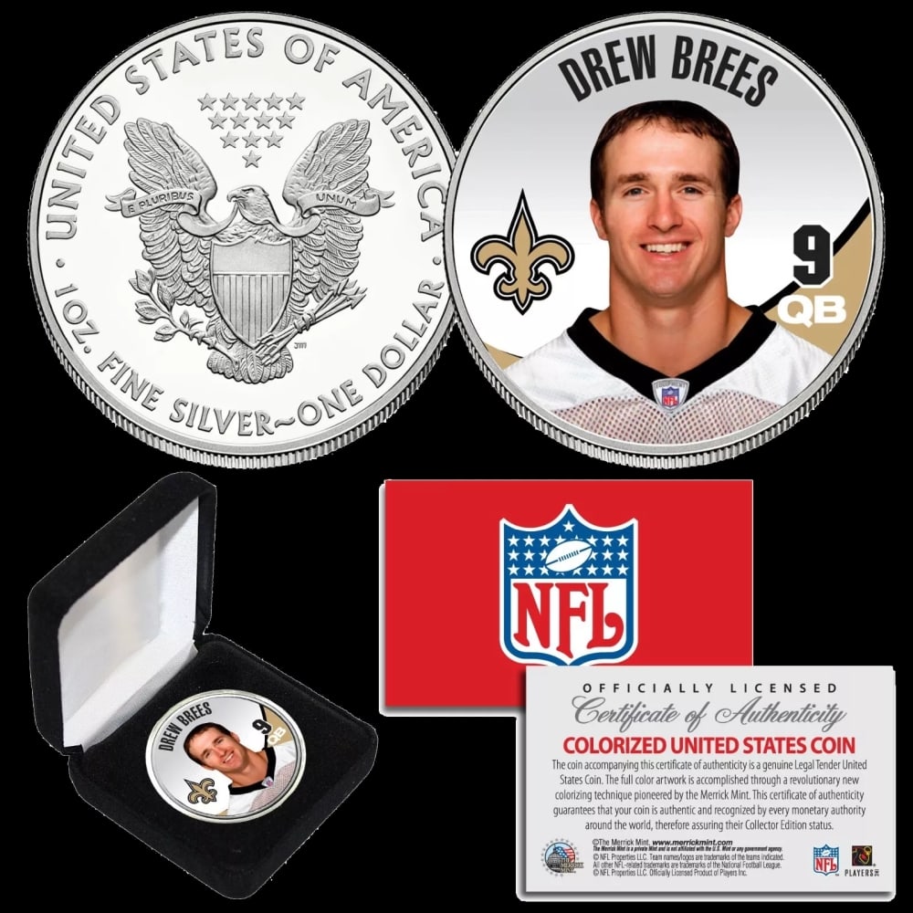 Drew Bees New Orleans Saints NFL 1oz Silver Eagle $1 w/ Display Box & COA Other Toy - 2