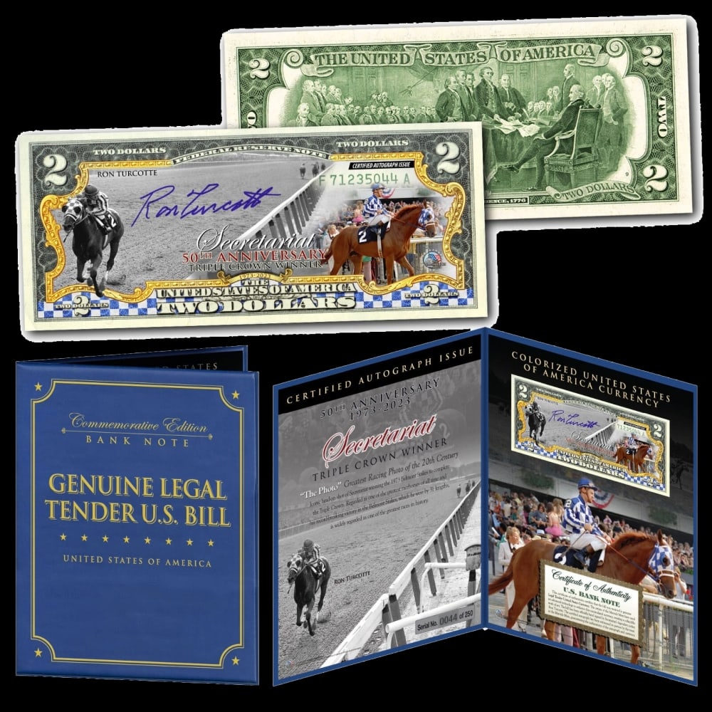 Secretariat 50th Anniversary Limited Edition Famous Photo $2 US Bill Hand SIGNED BY Secretariat J... - 2