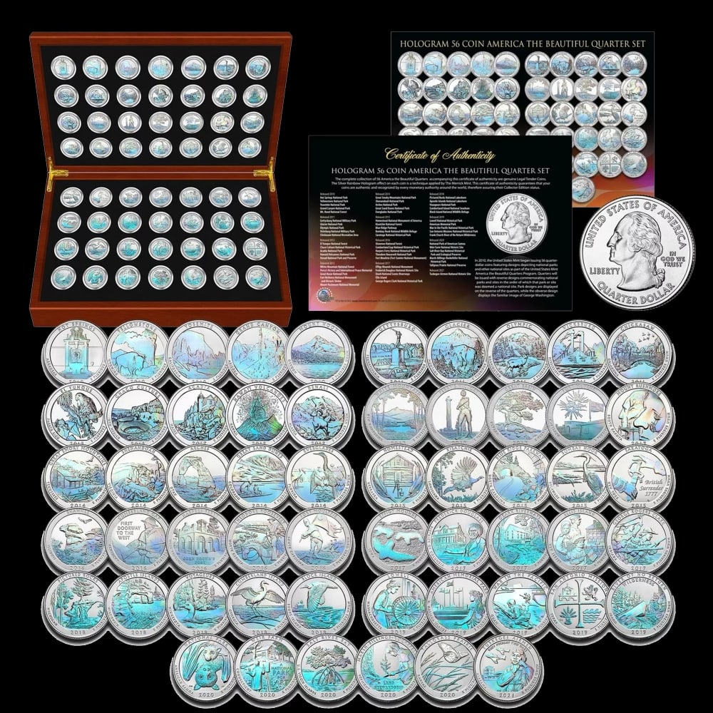 Complete HOLOGRAM America the Beautiful Parks 2010-2021 Quarter 56-Coin in Cherry Wood Box Other ... - 2