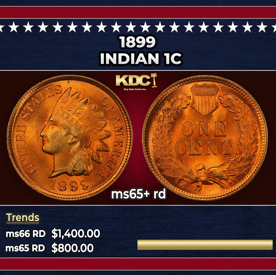 1899 Indian Cent 1c ms65+ rd SEGS: 1899 Indian Cent 1c ms65+ rd SEGS.