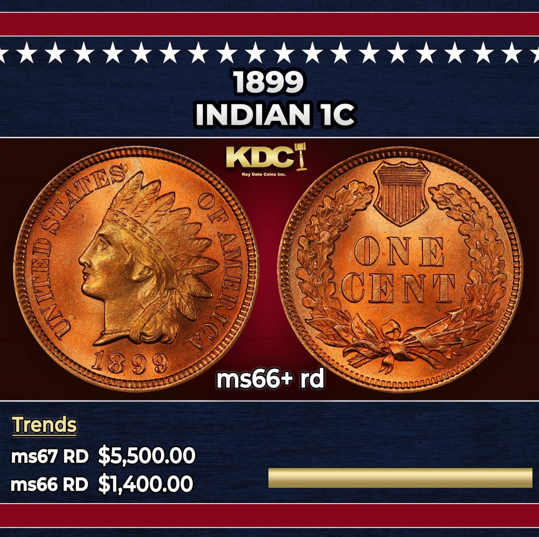 1899 Indian Cent 1c ms66+ rd SEGS: 1899 Indian Cent 1c ms66+ rd SEGS.