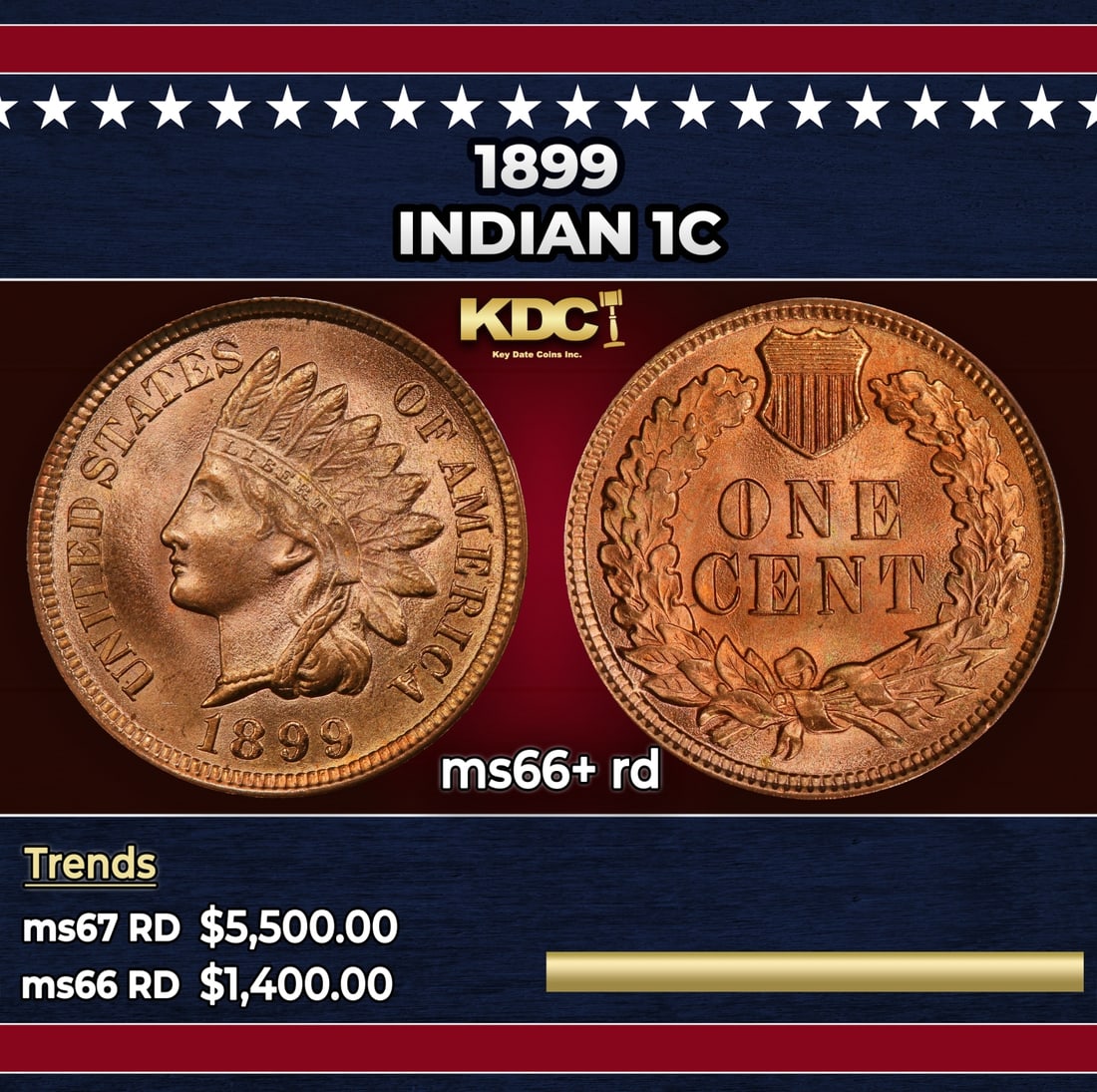 1899 Indian Cent 1c ms66+ rd SEGS: 1899 Indian Cent 1c ms66+ rd SEGS.