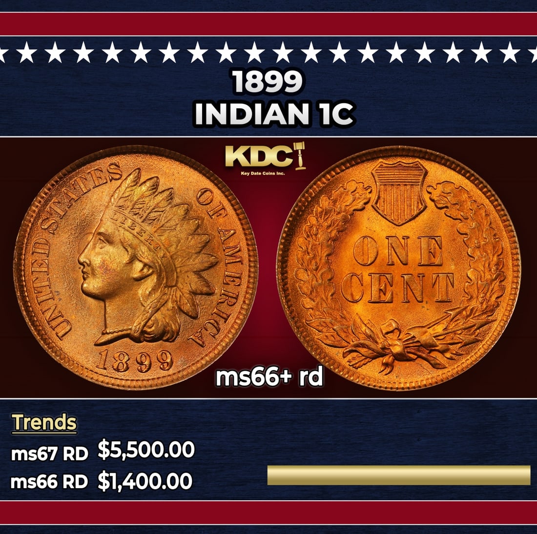 1899 Indian Cent 1c ms66+ rd SEGS: 1899 Indian Cent 1c ms66+ rd SEGS.