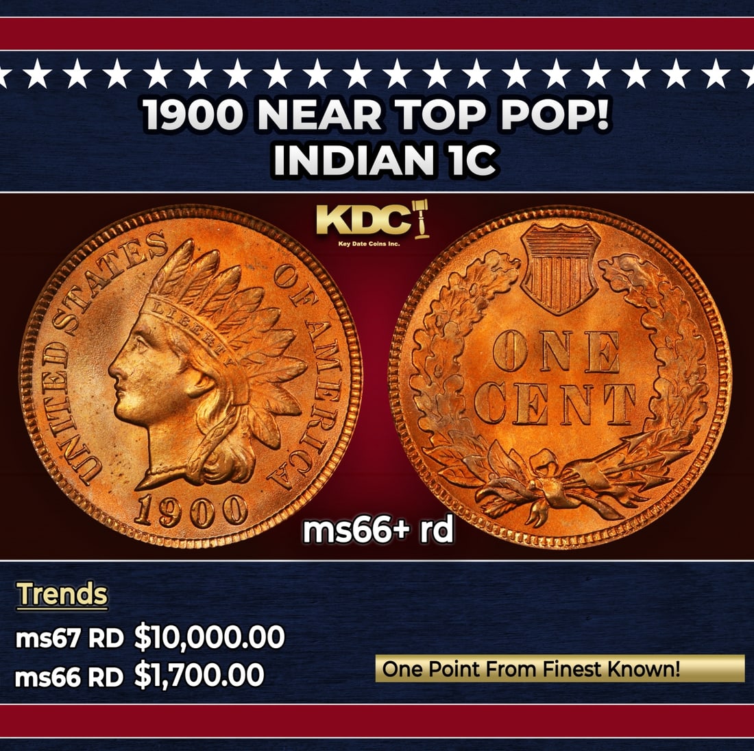 1900 Indian Cent Near Top Pop! 1c ms66+ rd SEGS: 1900 Near Top Pop! Indian Cent 1c ms66+ rd SEGS.