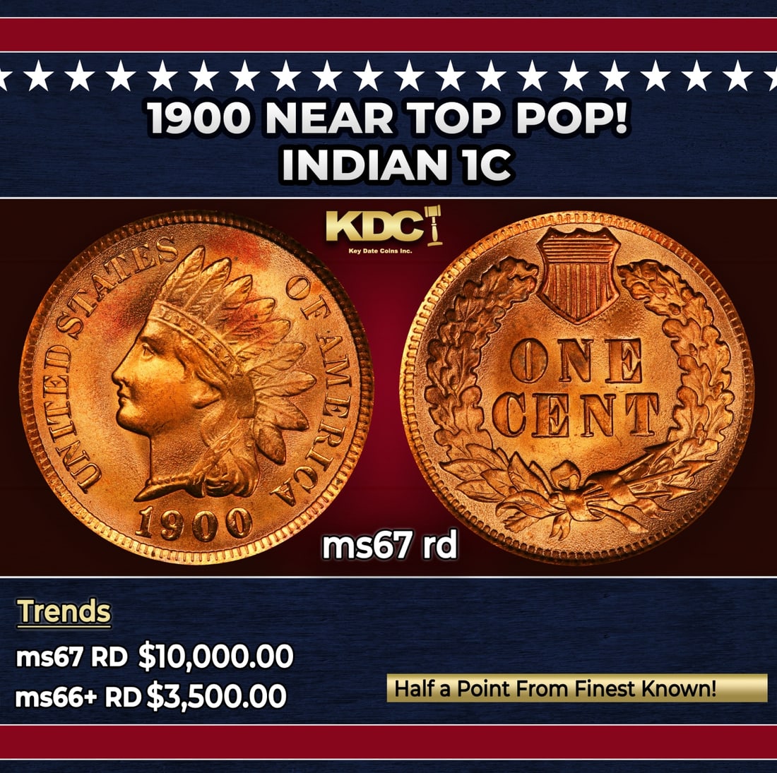 1900 Indian Cent Near Top Pop! 1c ms67 rd SEGS: 1900 Near Top Pop! Indian Cent 1c ms67 rd SEGS.