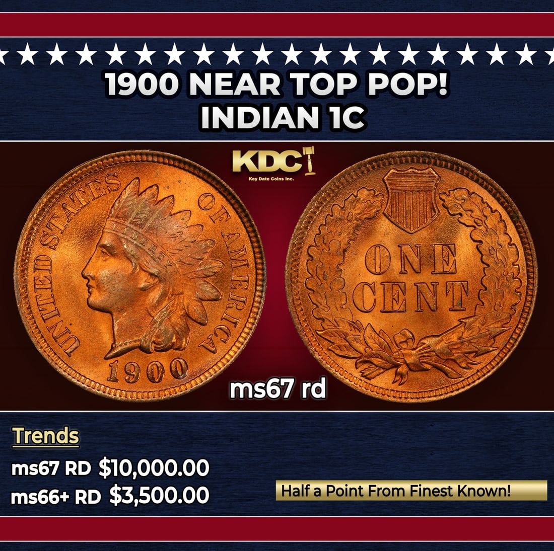 1900 Indian Cent Near Top Pop! 1c ms67 rd SEGS: 1900 Near Top Pop! Indian Cent 1c ms67 rd SEGS.