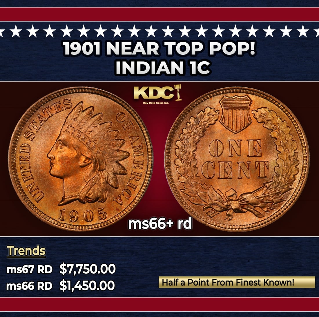 1901 Indian Cent Near Top Pop! 1c ms66+ rd SEGS: 1901 Near Top Pop! Indian Cent 1c ms66+ rd SEGS.