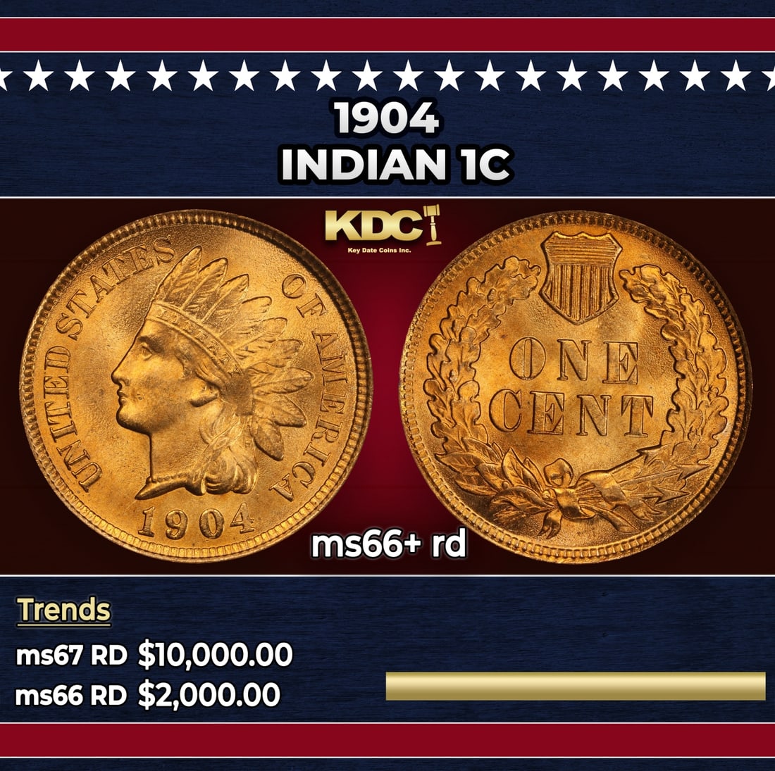 1904 Indian Cent 1c ms66+ rd SEGS: 1904 Indian Cent 1c ms66+ rd SEGS.
