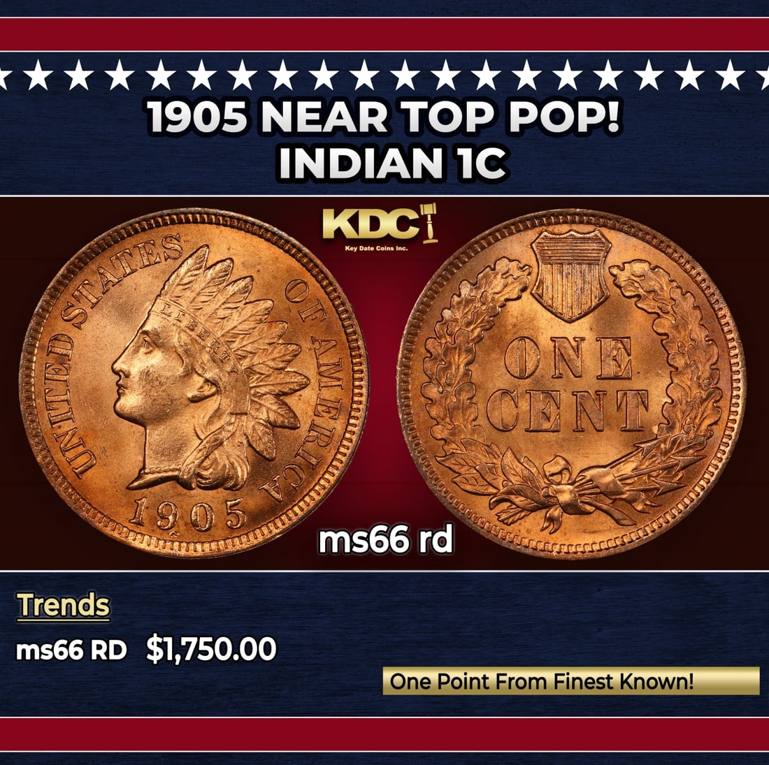 1905 Indian Cent Near Top Pop! 1c ms66 rd SEGS: 1905 Near Top Pop! Indian Cent 1c ms66 rd SEGS.