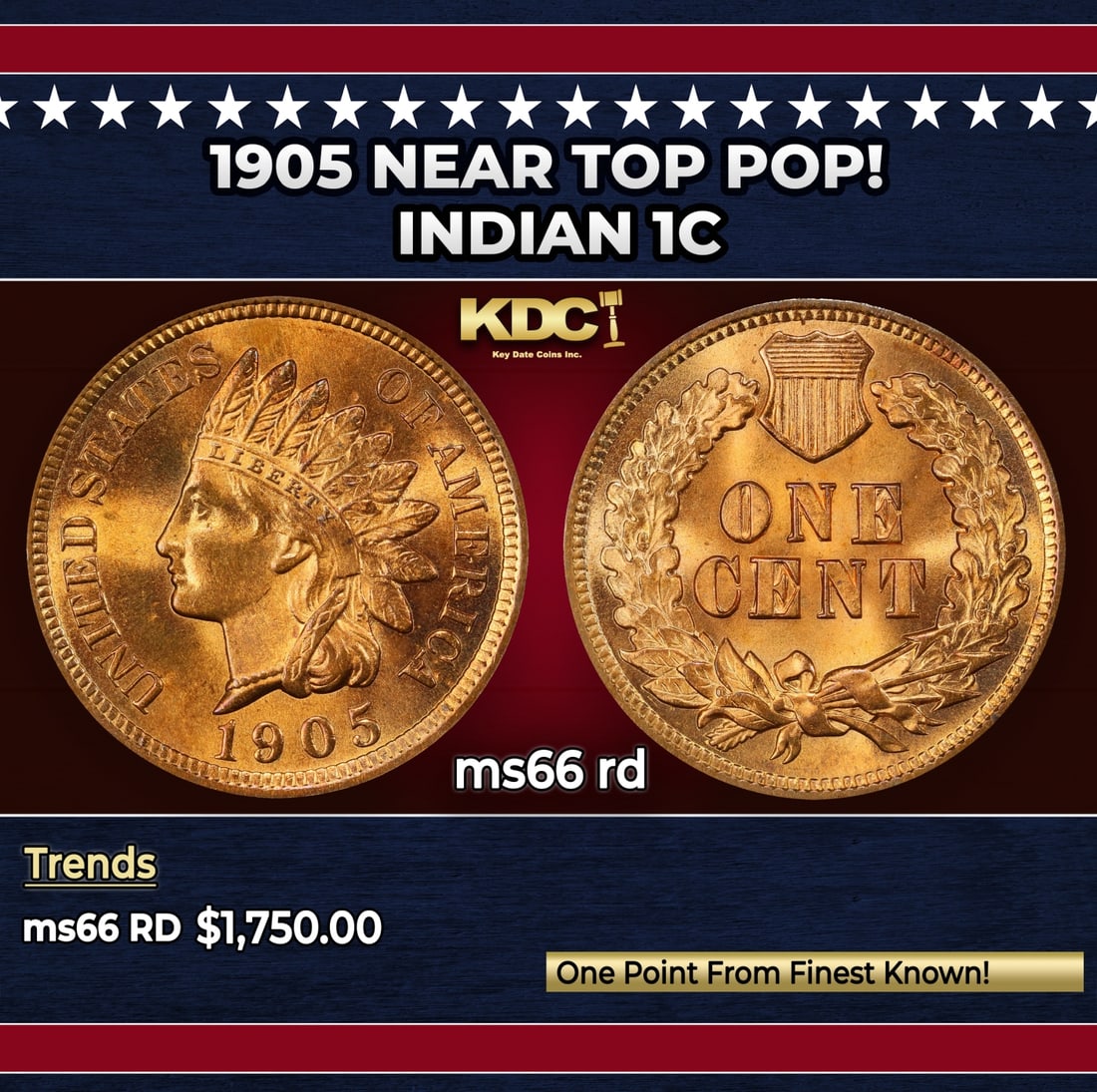 1905 Indian Cent Near Top Pop! 1c ms66 rd SEGS: 1905 Near Top Pop! Indian Cent 1c ms66 rd SEGS.