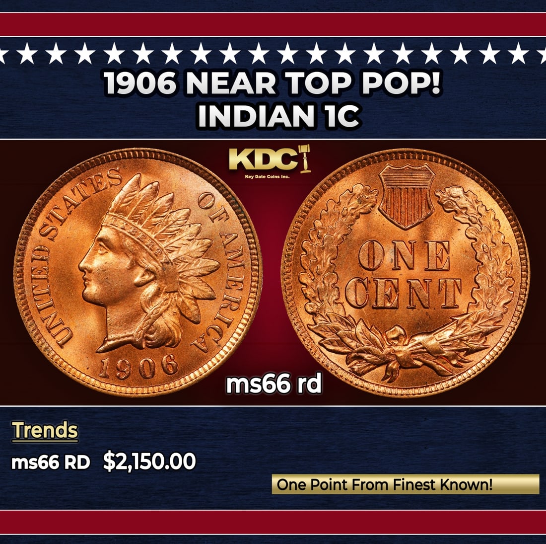 1906 Indian Cent Near Top Pop! 1c ms66 rd SEGS: 1906 Near Top Pop! Indian Cent 1c ms66 rd SEGS.