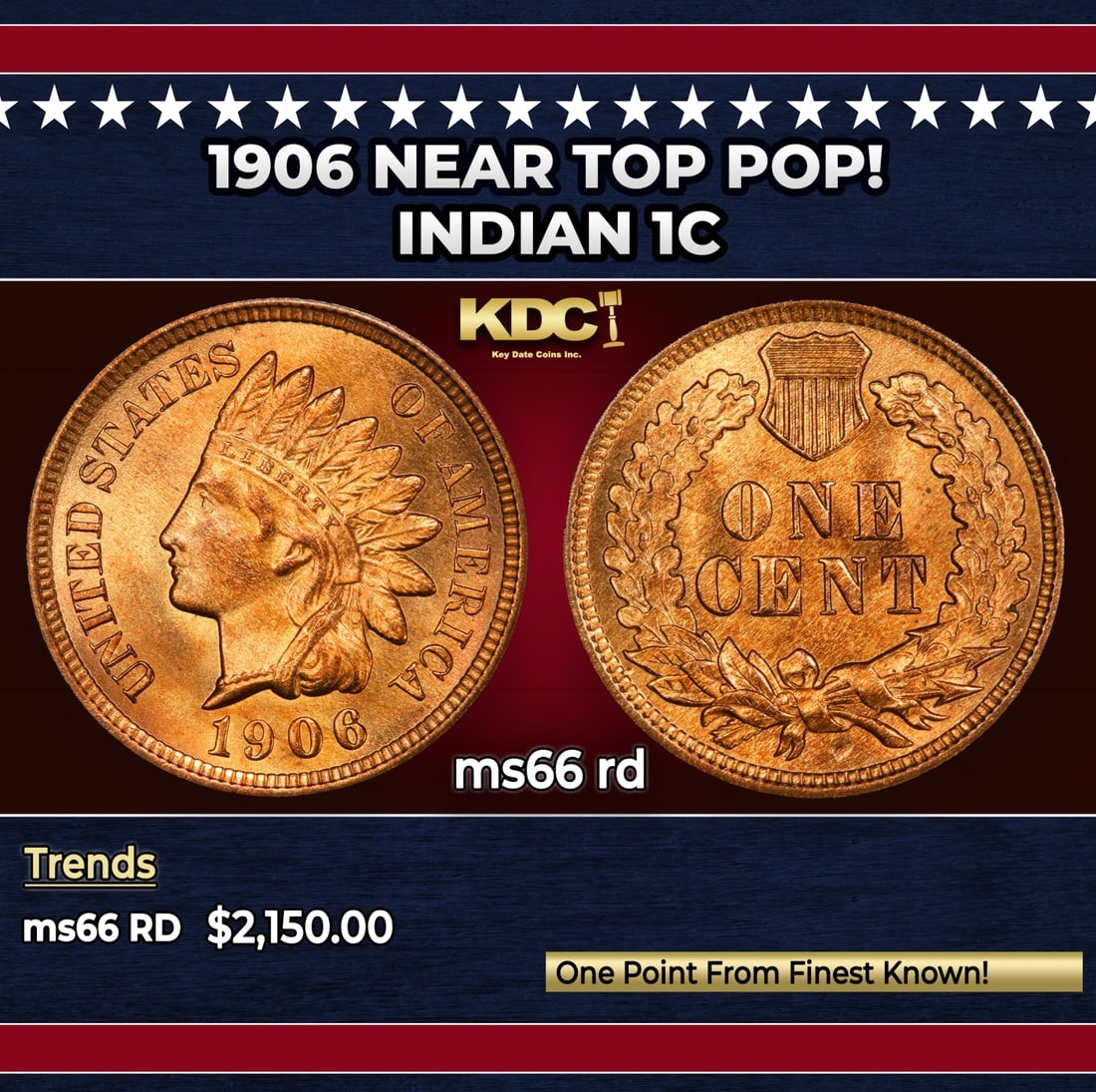 1906 Indian Cent Near Top Pop! 1c ms66 rd SEGS: 1906 Near Top Pop! Indian Cent 1c ms66 rd SEGS.