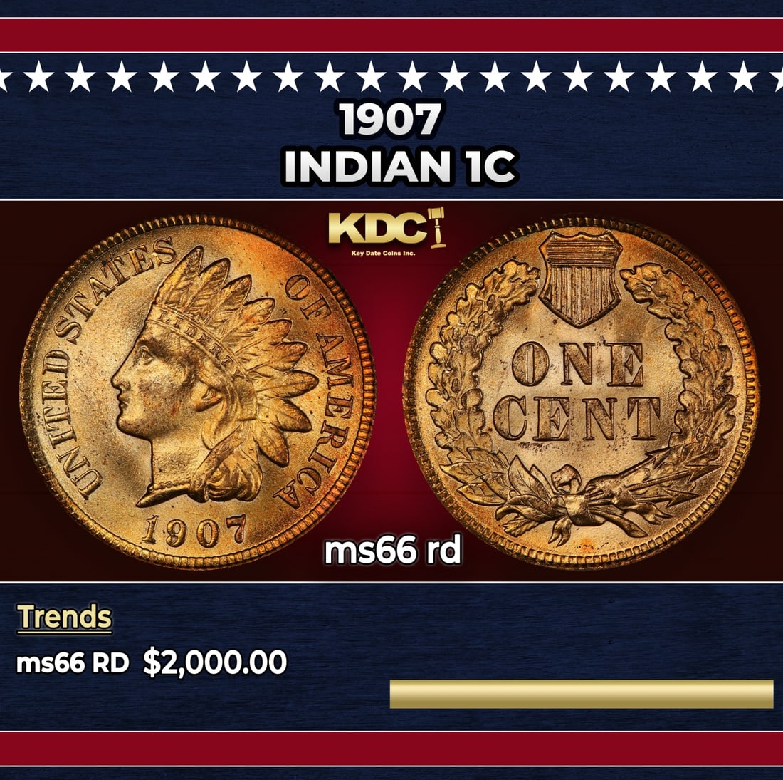 1907 Indian Cent 1c ms66 rd SEGS: 1907 Indian Cent 1c ms66 rd SEGS.