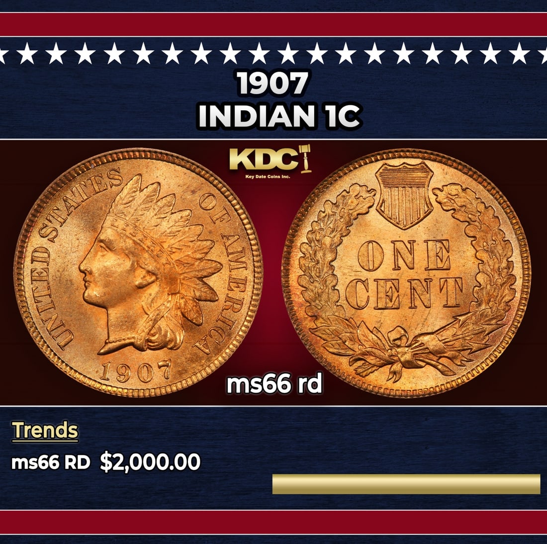 1907 Indian Cent 1c ms66 rd SEGS: 1907 Indian Cent 1c ms66 rd SEGS.