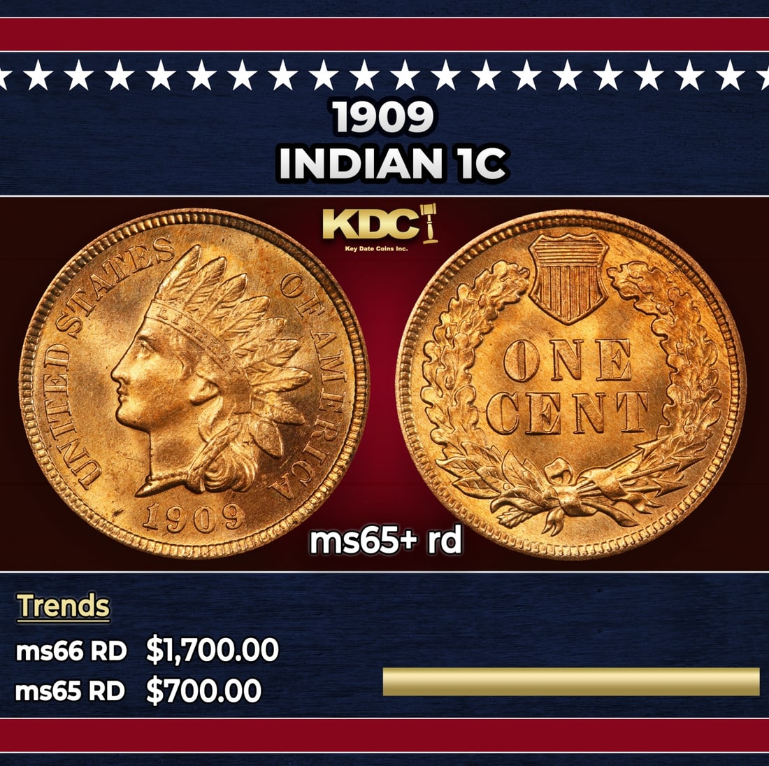 1909 Indian Cent 1c ms65+ rd SEGS: 1909 Indian Cent 1c ms65+ rd SEGS.