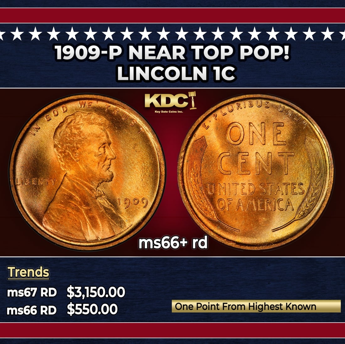1909-p Lincoln Cent Near Top Pop! 1c ms66+ rd SEGS: 1909-p Near Top Pop! Lincoln Cent 1c ms66+ rd SEGS.
