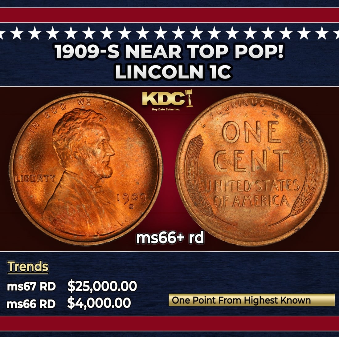 1909-s Lincoln Cent Near Top Pop! 1c ms66+ rd SEGS: 1909-s Near Top Pop! Lincoln Cent 1c ms66+ rd SEGS.