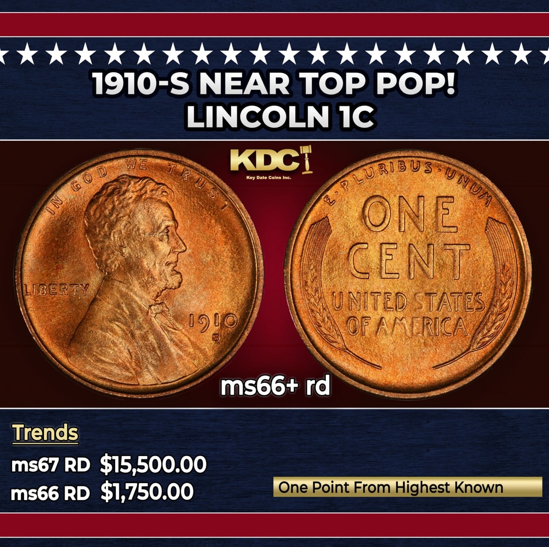 1910-s Lincoln Cent Near Top Pop! 1c ms66+ rd SEGS: 1910-s Near Top Pop! Lincoln Cent 1c ms66+ rd SEGS. Semi Key Date. Per David Hall of PCGS "The 1910-s has long been considered a semi-key date in circulated grades"