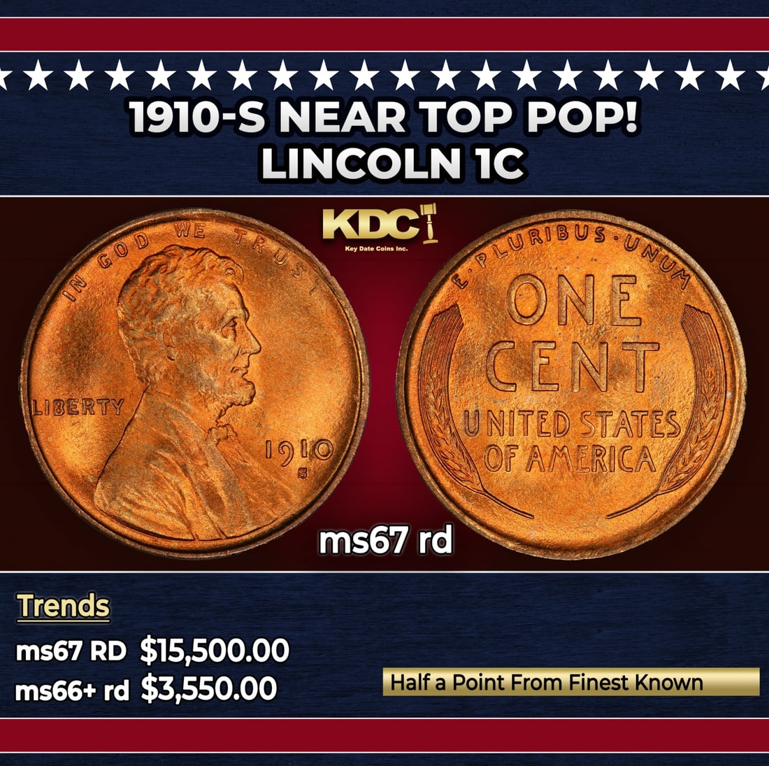 1910-s Lincoln Cent Near Top Pop! 1c ms67 rd SEGS: 1910-s Near Top Pop! Lincoln Cent 1c ms67 rd SEGS. Semi Key Date. Per David Hall of PCGS "The 1910-s has long been considered a semi-key date in circulated grades"