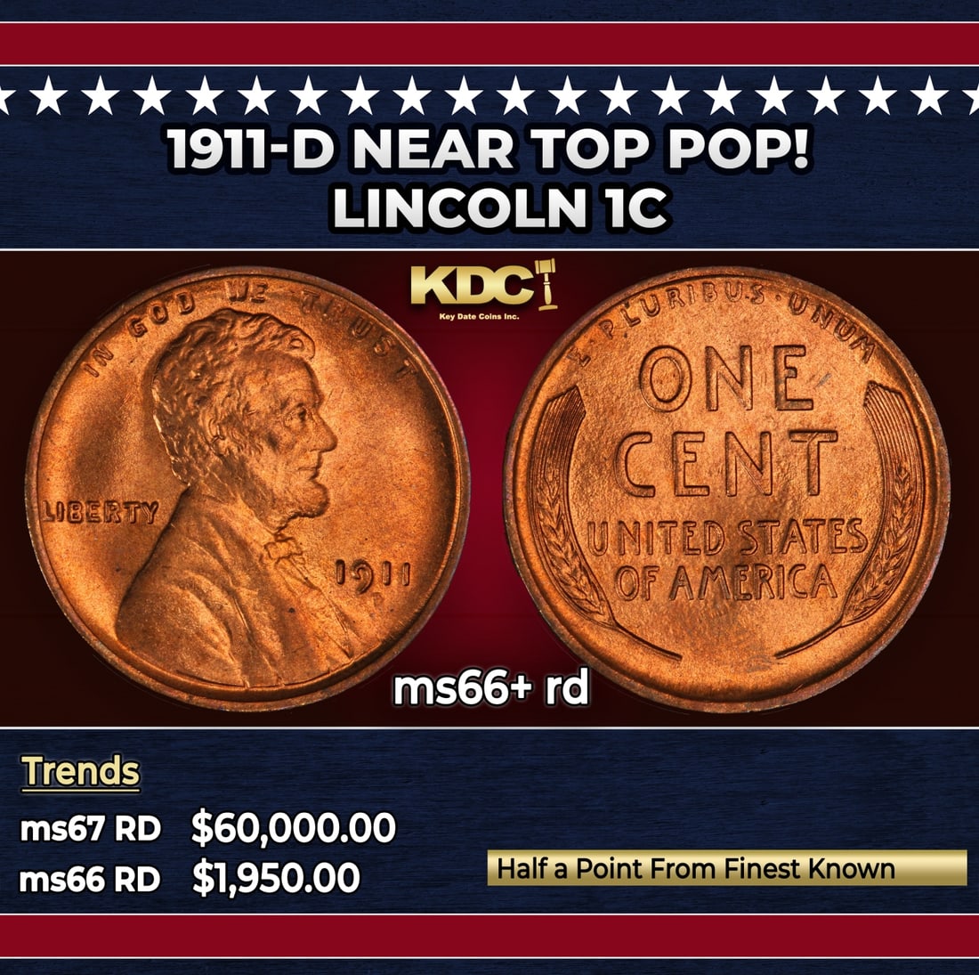 1911-d Lincoln Cent Near Top Pop! 1c ms66+ rd SEGS: 1911-d Near Top Pop! Lincoln Cent 1c ms66+ rd SEGS. Incredibly scarce date. Out of an original mintage of over 12 million,