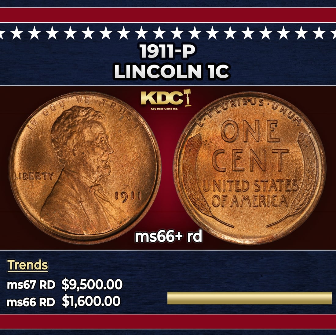 1911-p Lincoln Cent 1c ms66+ rd SEGS: 1911-p Lincoln Cent 1c ms66+ rd SEGS.